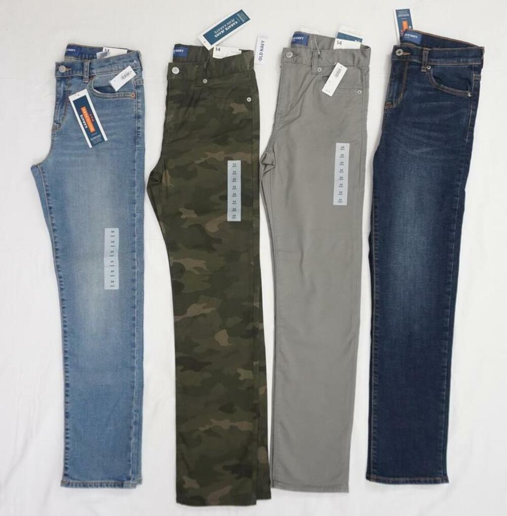 LOT OF 4 OLD NAVY NEW KARATE FLEX BOYS 14 REGULAR JEANS/PANTS DARK/GREY/CAMO/MED